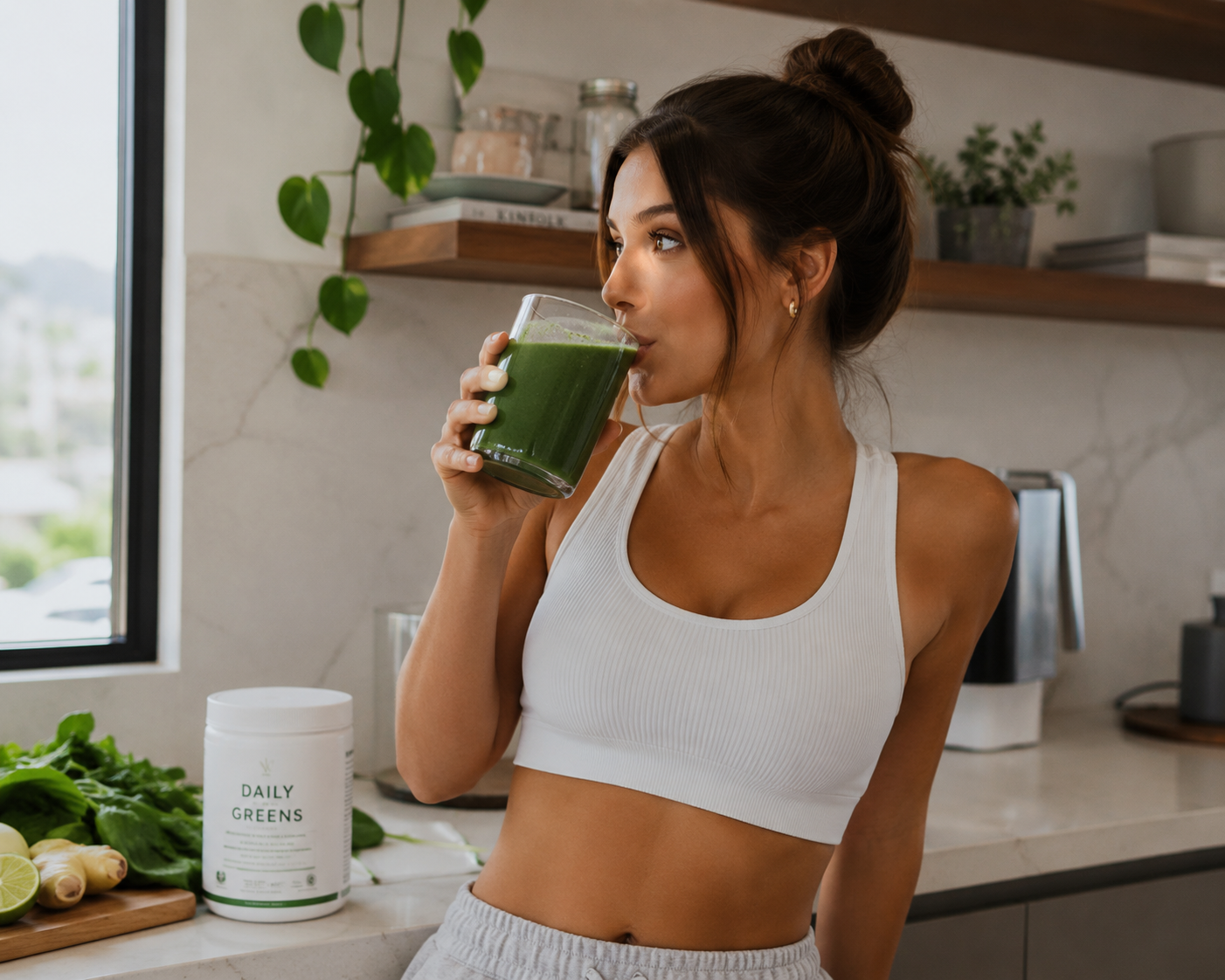 Woman drinking a fresh VeraLux Daily Greens smoothie in a bright kitchen, with the Daily Greens tub visible on the counter